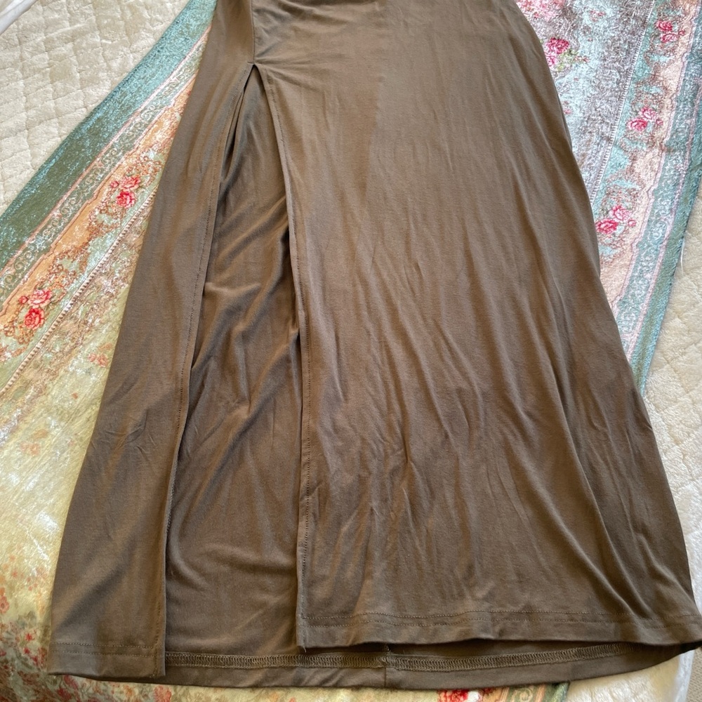 SOLD Shein Bae|Olive Brown Maxi Dress with thigh Slit Open Back|Large|NWT - Picture 2 of 6